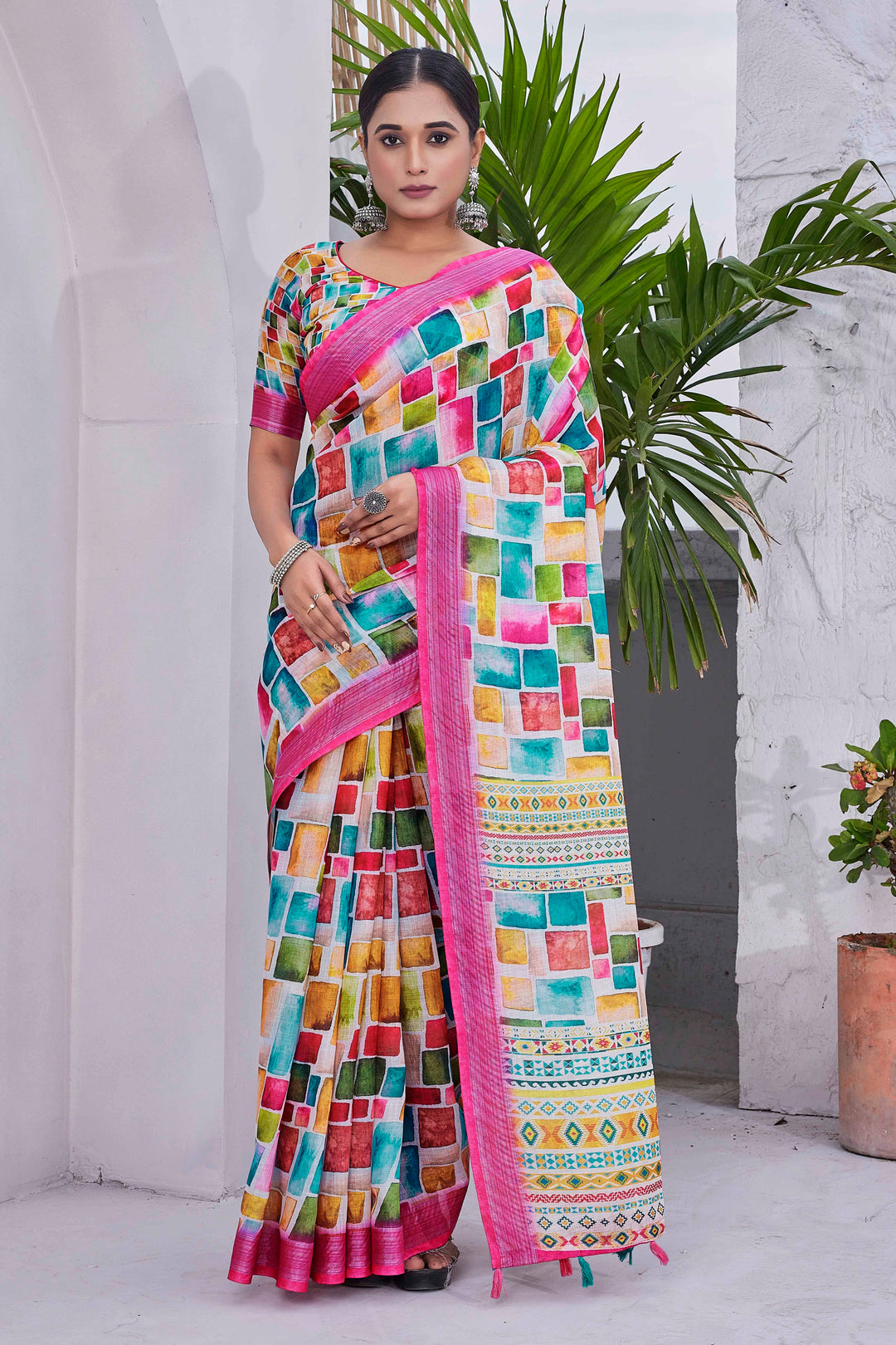 Elegant Linen-Blend Saree | Digital-Printed Silk Top and Bottom | Special Event