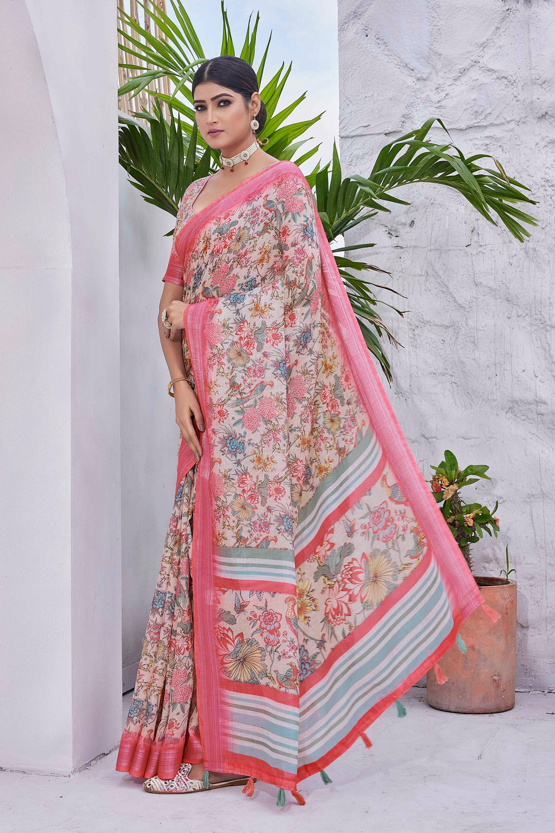 Linen-Blend Saree with Silk Top and Bottom | Digital-Printed for Special Events