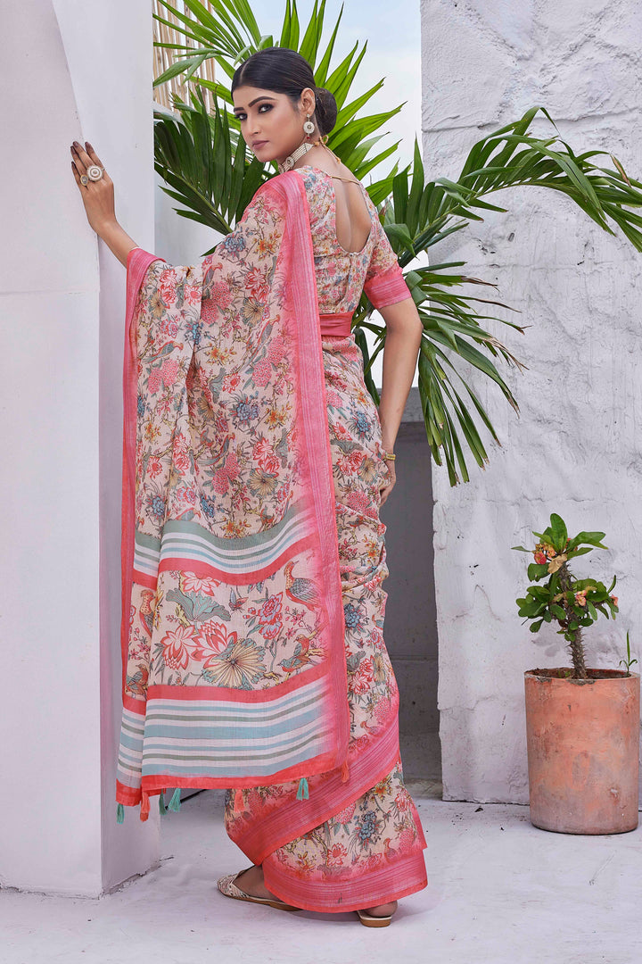 Linen-Blend Saree with Silk Top and Bottom | Digital-Printed for Special Events