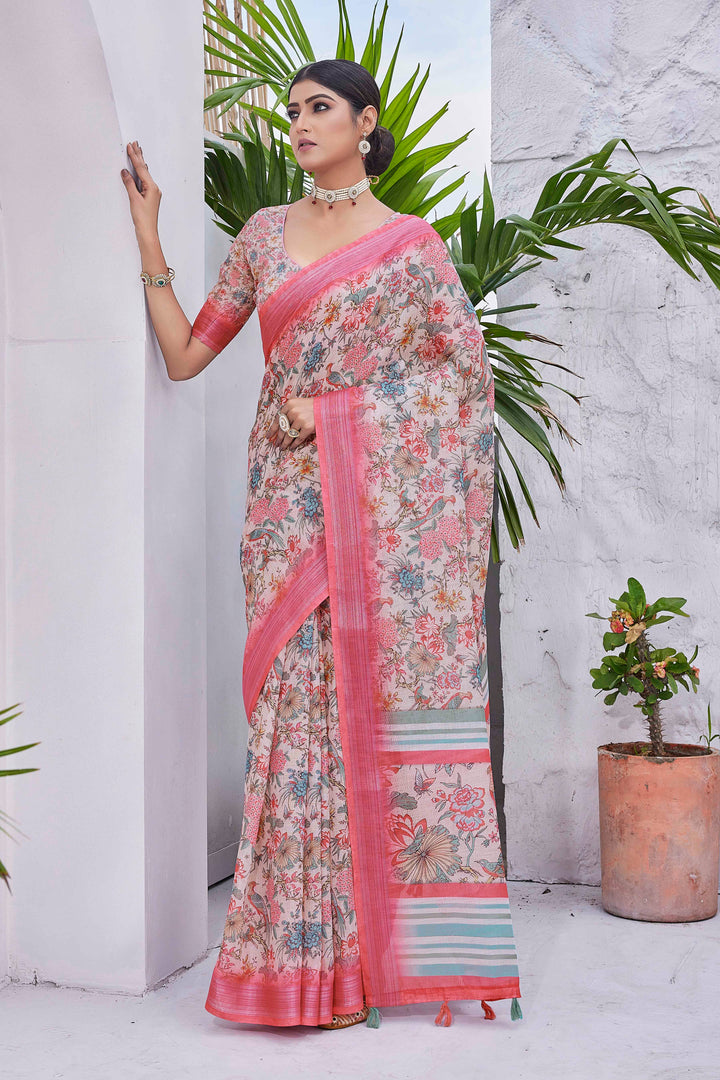 Linen-Blend Saree with Silk Top and Bottom | Digital-Printed for Special Events