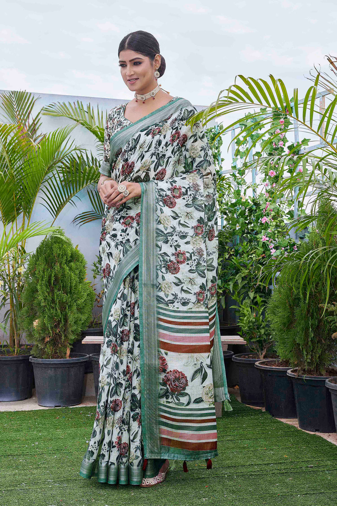 Linen-Blend Digital Printed Saree | Silk Top & Bottom | Special Occasion Wear