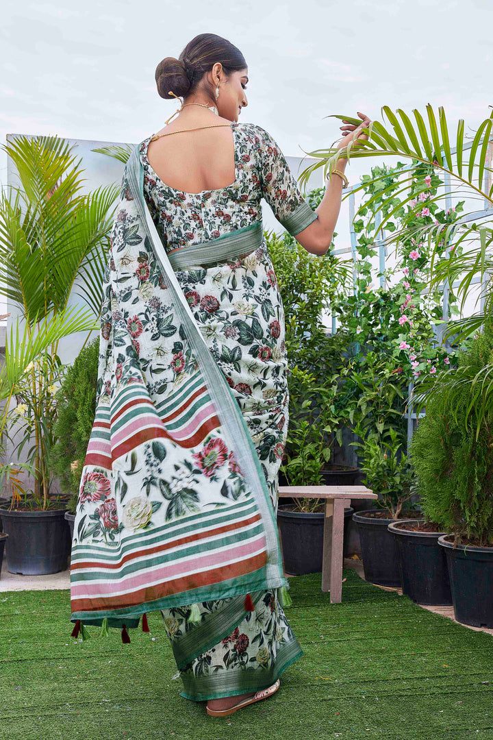 Linen-Blend Digital Printed Saree | Silk Top & Bottom | Special Occasion Wear