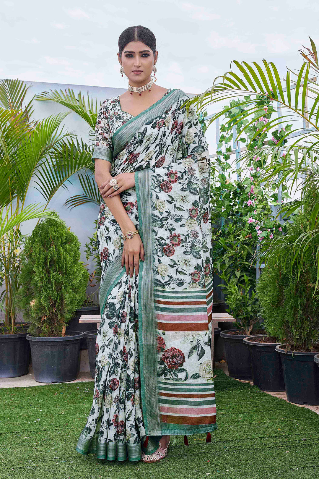 Linen-Blend Digital Printed Saree | Silk Top & Bottom | Special Occasion Wear