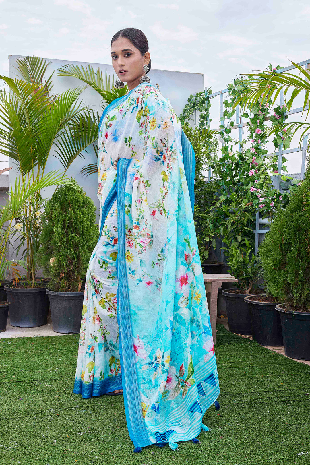 Aqua Linen Indian Saree | Festive Digital Print with Elegant Silk Blouse