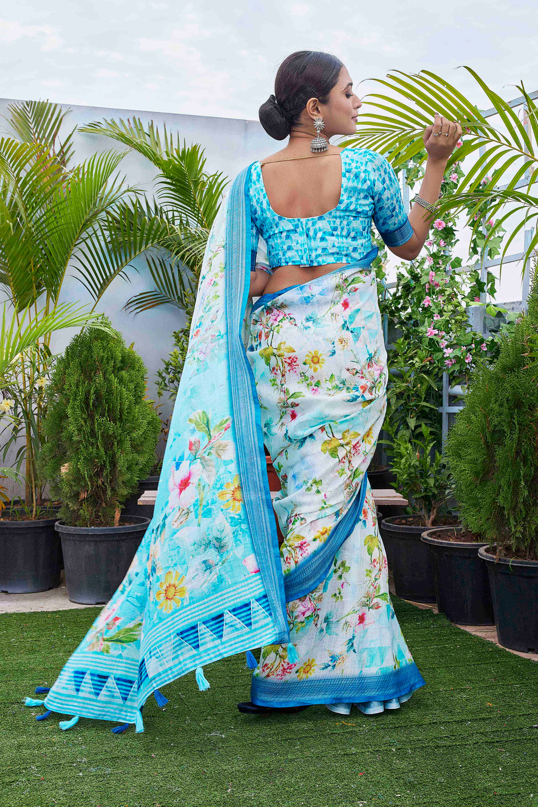 Aqua Linen Indian Saree | Festive Digital Print with Elegant Silk Blouse