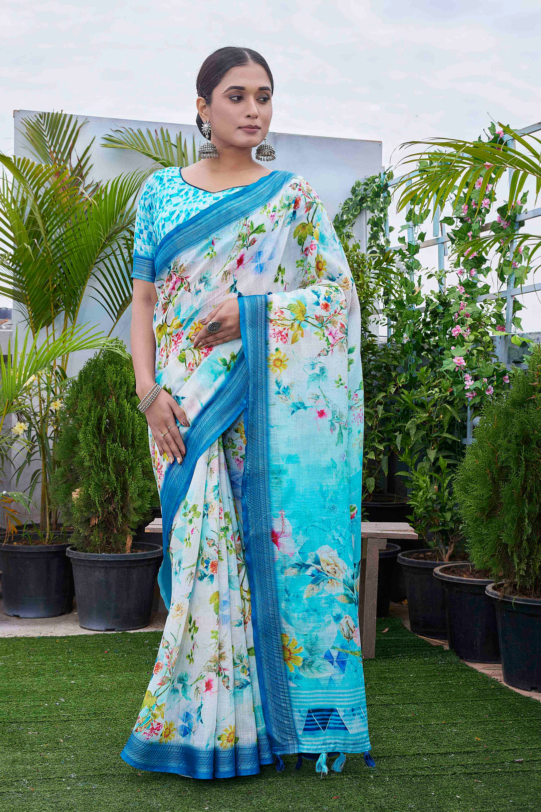 Aqua Linen Indian Saree | Festive Digital Print with Elegant Silk Blouse