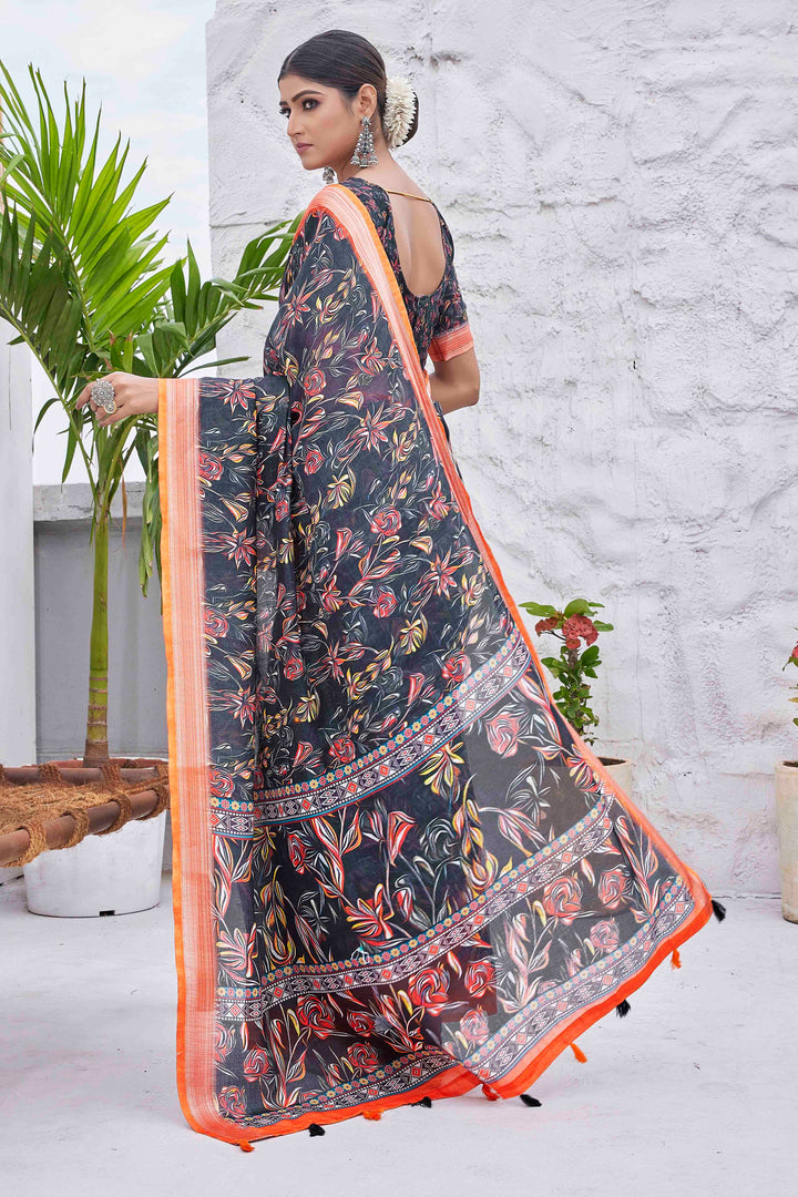 Linen-Blend Digital Printed Saree | Silk Top & Bottom | Perfect for Weddings