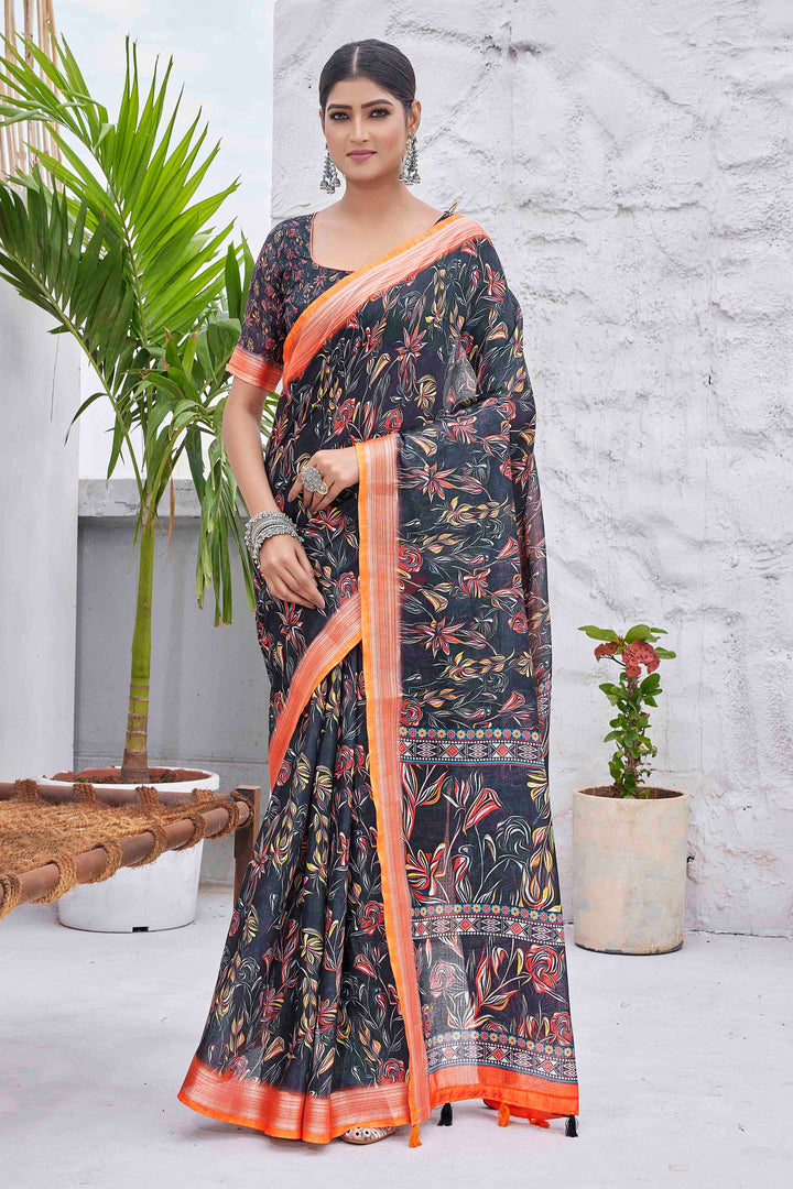 Linen-Blend Digital Printed Saree | Silk Top & Bottom | Perfect for Weddings