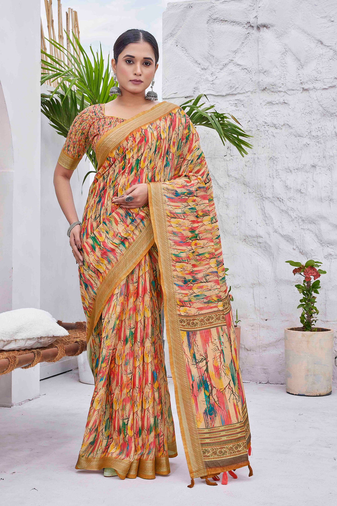 Linen-Blend Saree with Digital Print | Silk Top & Bottom for Weddings