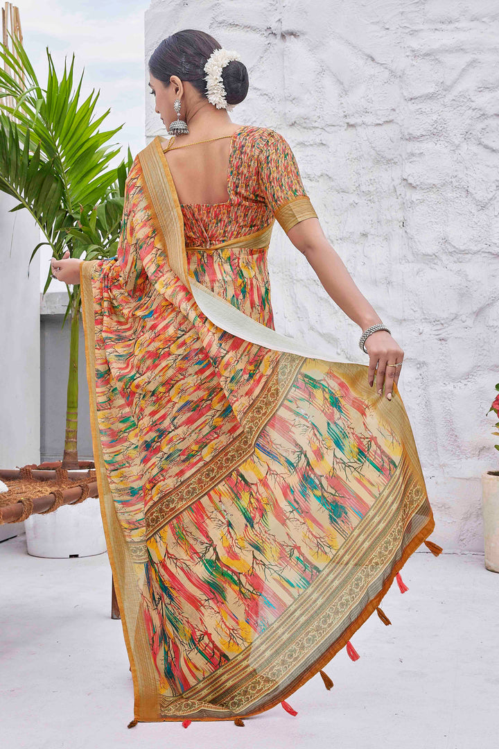 Linen-Blend Saree with Digital Print | Silk Top & Bottom for Weddings