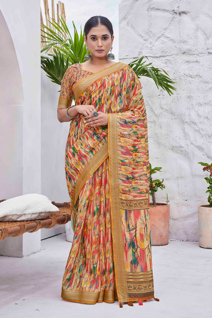 Linen-Blend Saree with Digital Print | Silk Top & Bottom for Weddings