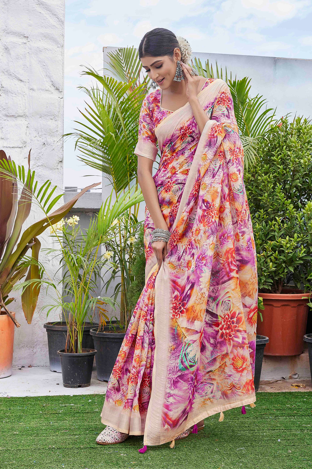 Linen-Blend Silk Saree | Digital-Printed Design for Special Events & Weddings