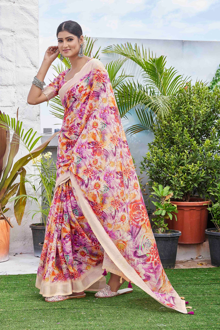 Linen-Blend Silk Saree | Digital-Printed Design for Special Events & Weddings