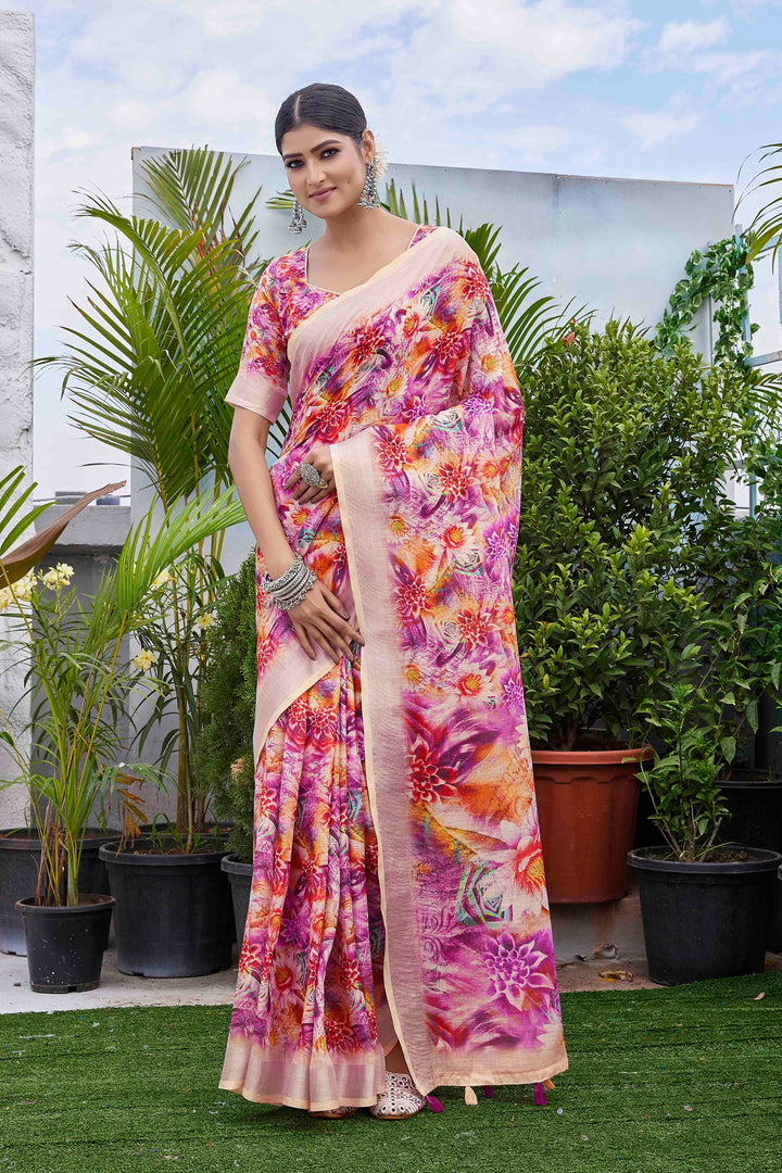 Linen-Blend Silk Saree | Digital-Printed Design for Special Events & Weddings