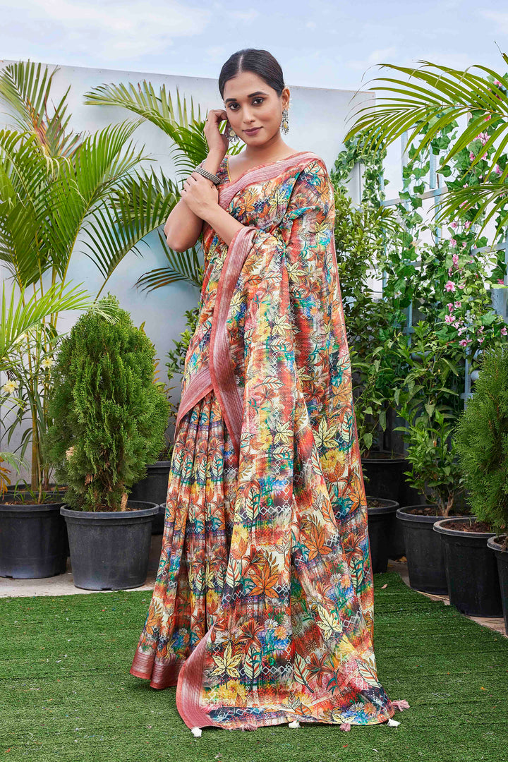 Linen-Blend Digital Printed Saree | Silk Top & Bottom for Special Events