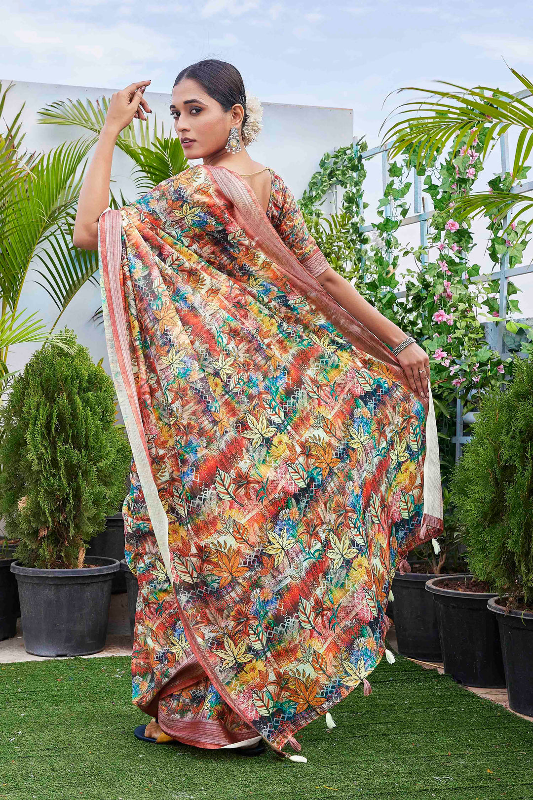 Linen-Blend Digital Printed Saree | Silk Top & Bottom for Special Events