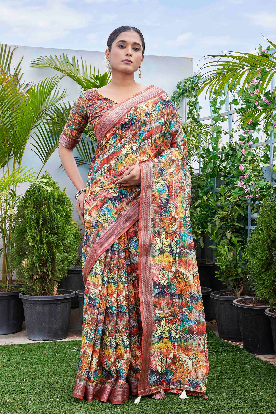 Linen-Blend Digital Printed Saree | Silk Top & Bottom for Special Events