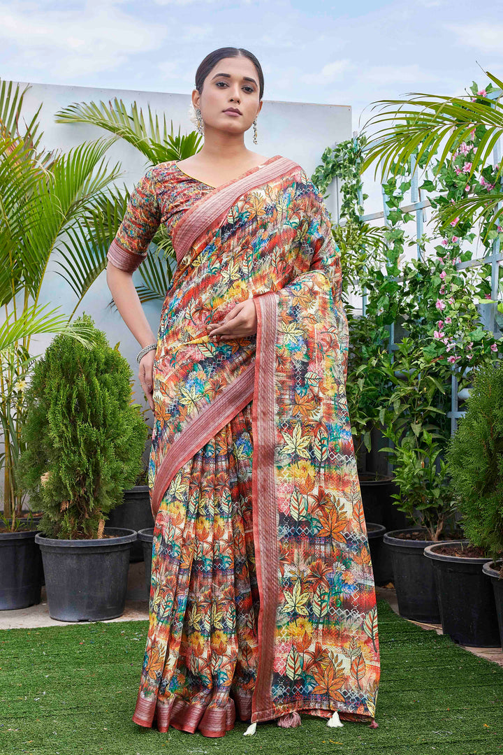 Linen-Blend Digital Printed Saree | Silk Top & Bottom for Special Events