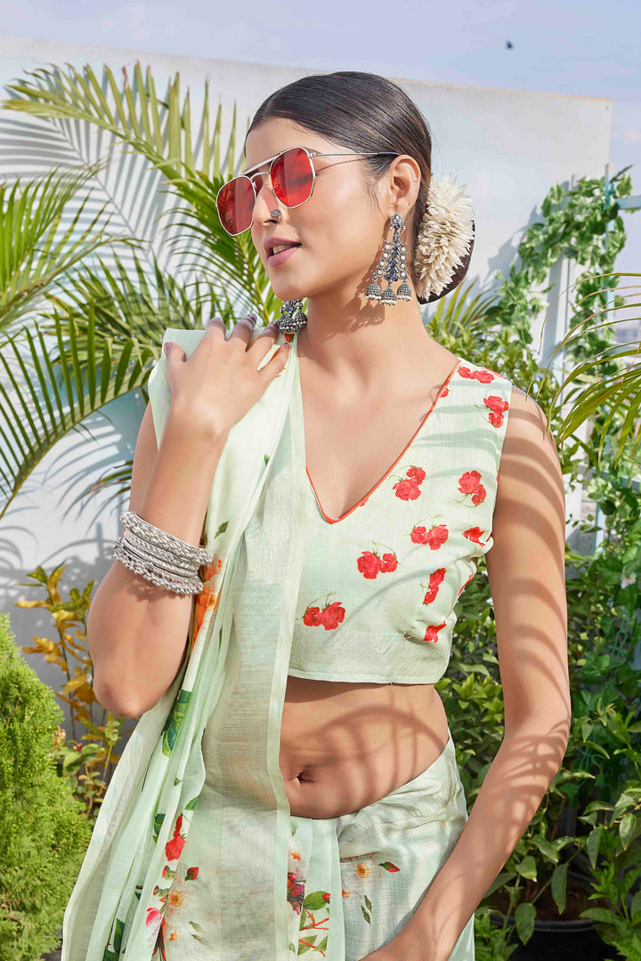 Elegant Linen-Blend Saree | Silk Top & Bottom | Digital-Printed for Events