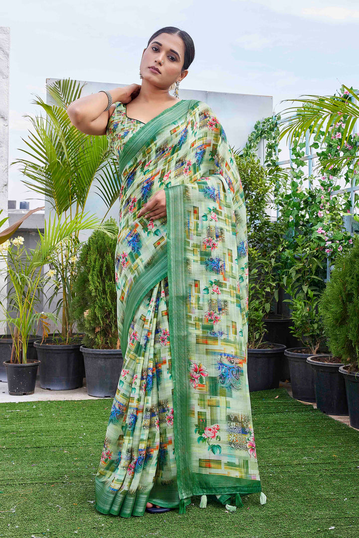 Elegant Linen-Blend Saree with Silk Blouse | Digital-Printed for Special Events