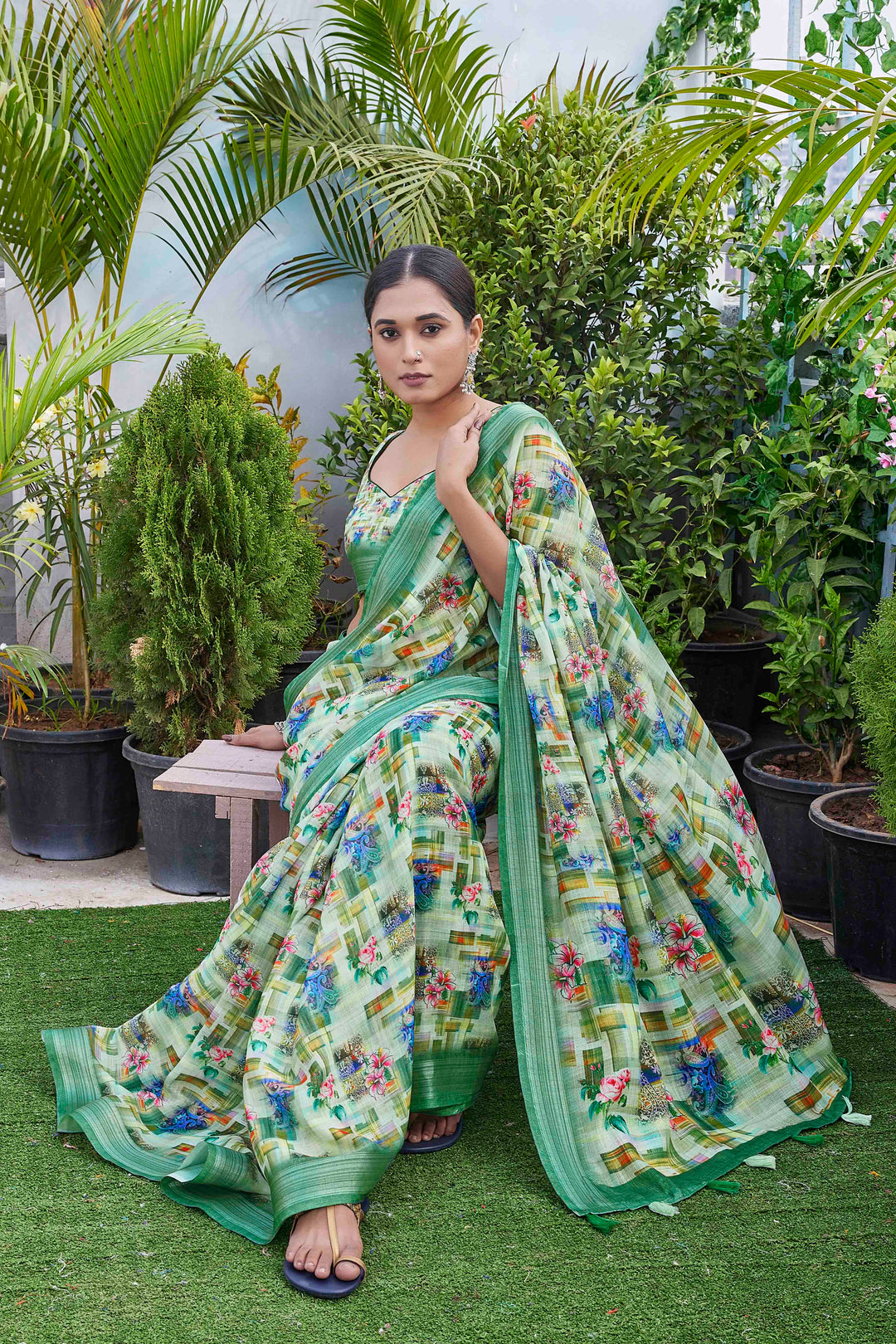 Elegant Linen-Blend Saree with Silk Blouse | Digital-Printed for Special Events