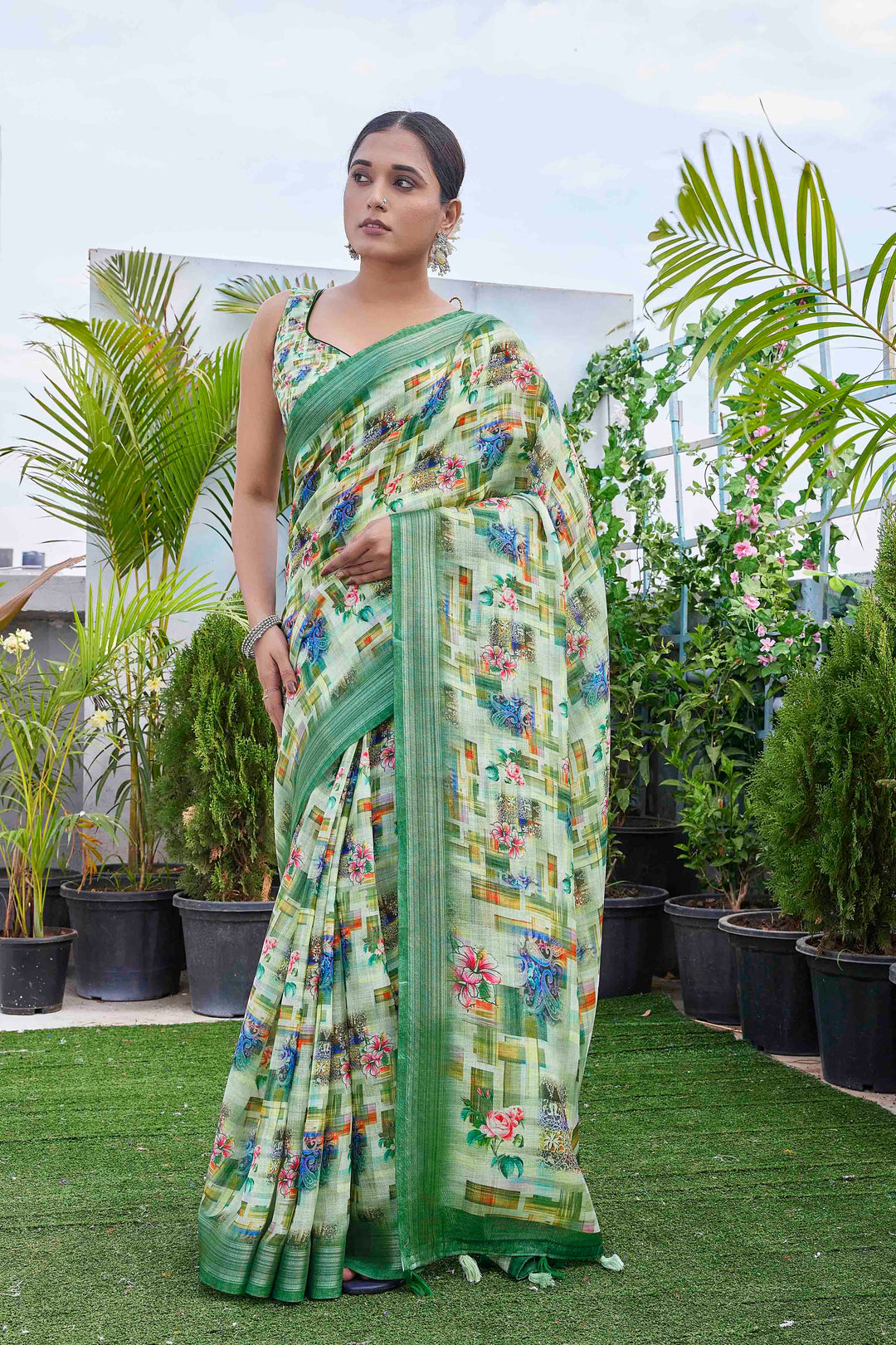 Elegant Linen-Blend Saree with Silk Blouse | Digital-Printed for Special Events