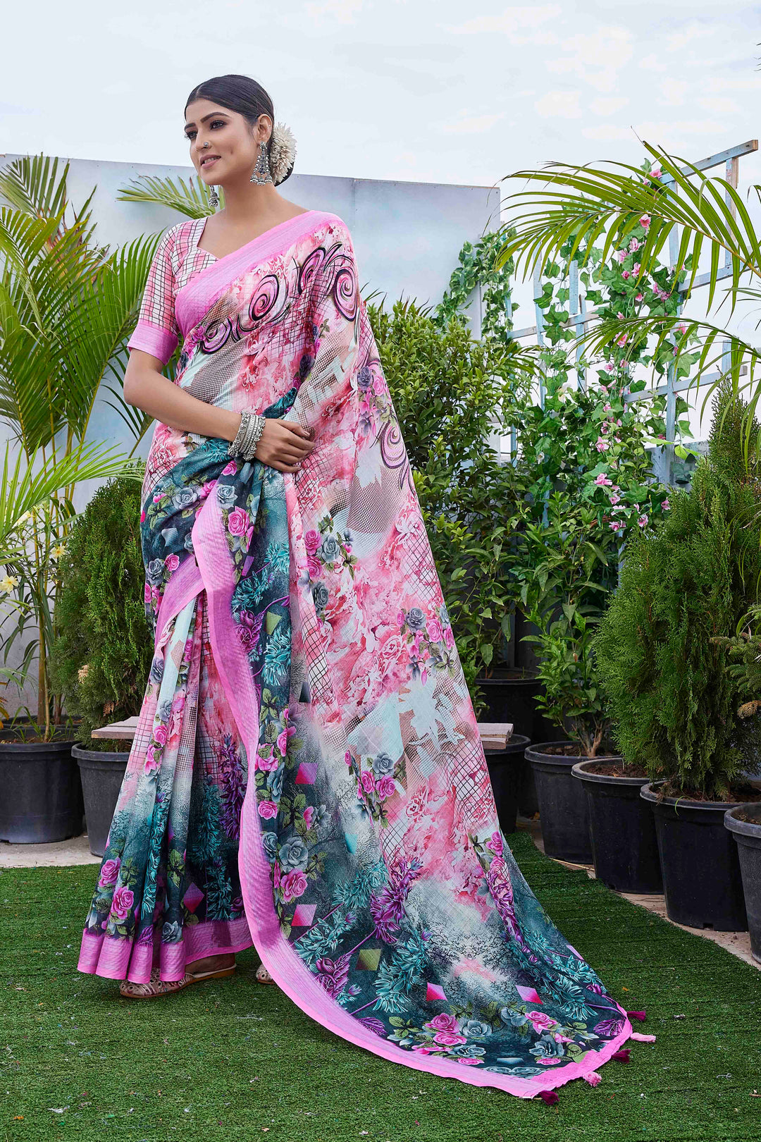 Linen-Blend Saree | Elegant Digital-Printed Silk for Weddings & Festive Events