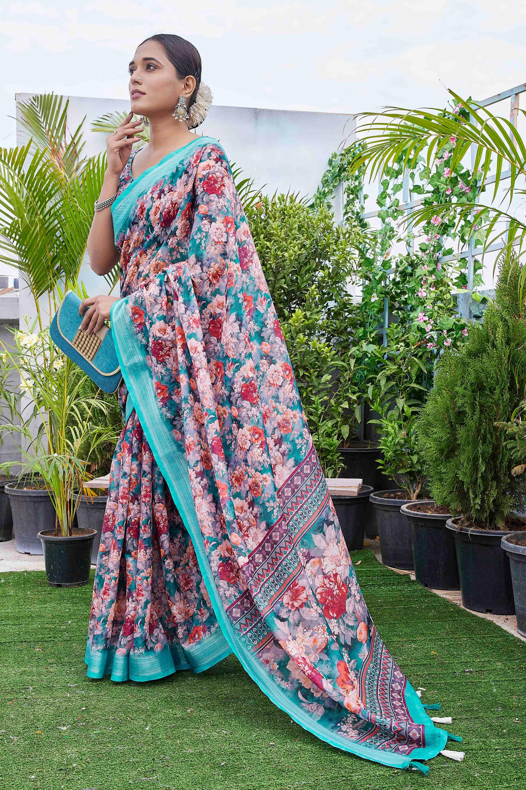 Linen-Blend Saree | Digital-Printed Silk Blouse for Weddings & Festive Events