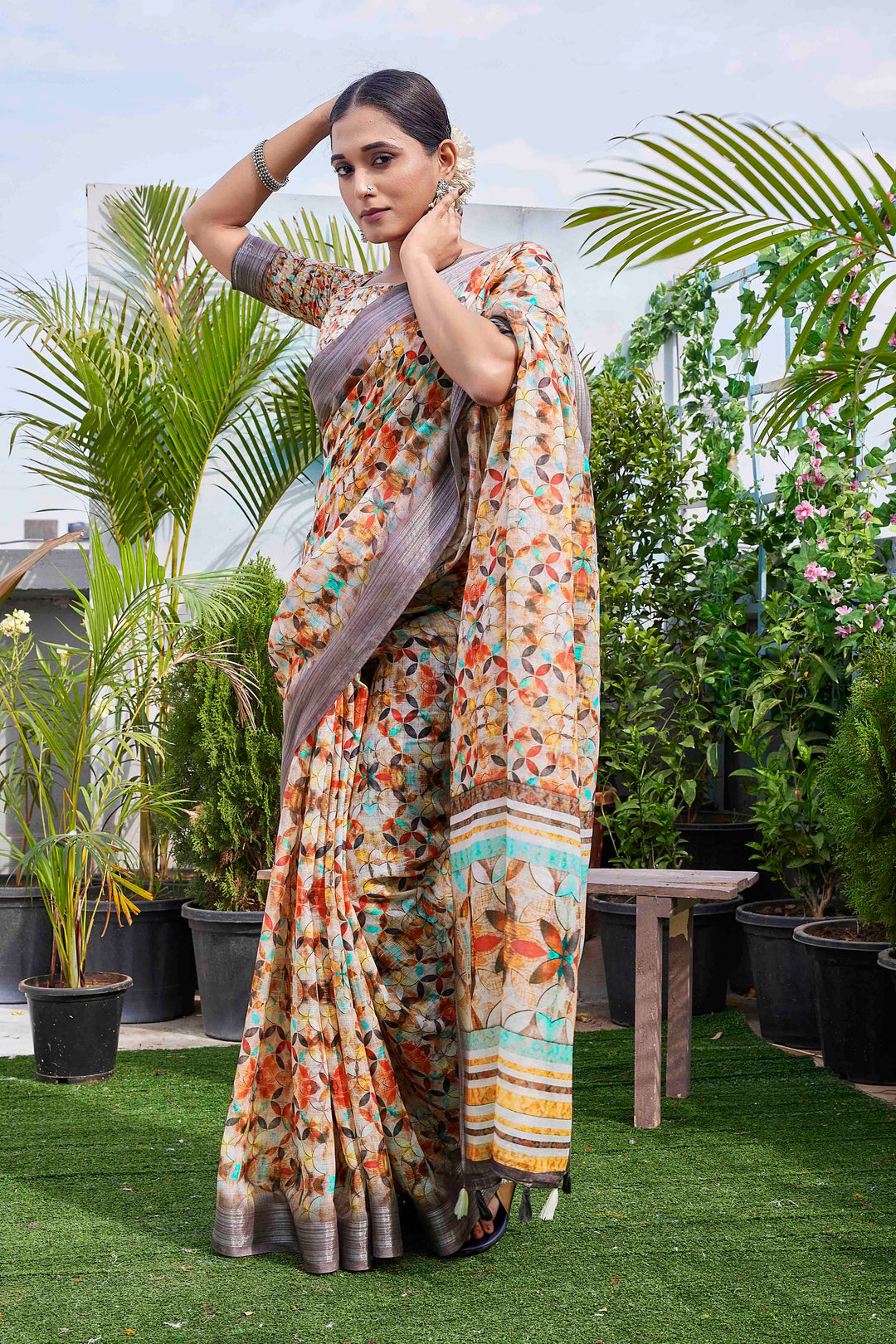 Linen-Blend Silk Saree | Digital Printed for Weddings & Special Events