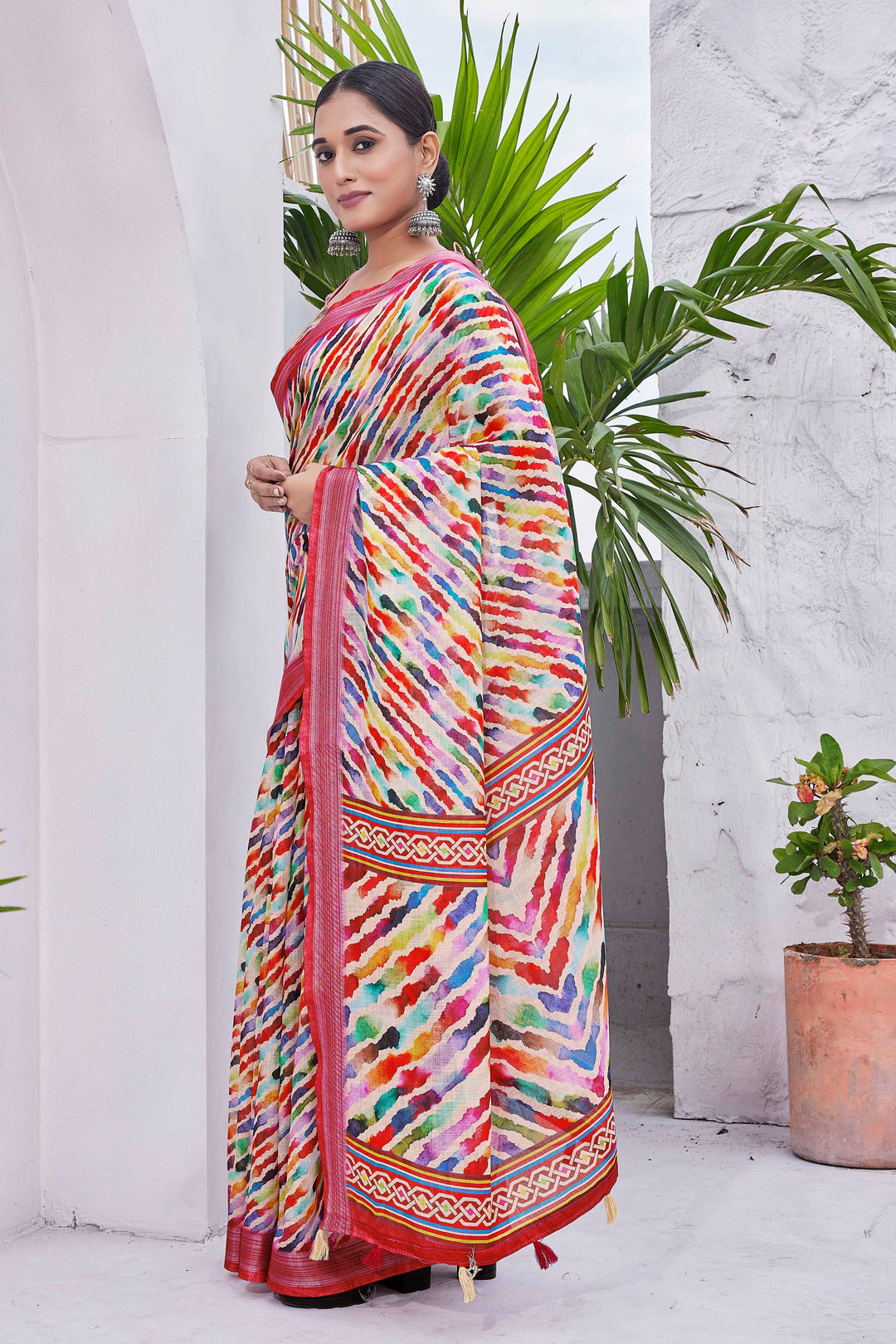 Linen-Blend Digital Printed Saree | Silk Top & Bottom | Perfect for Weddings