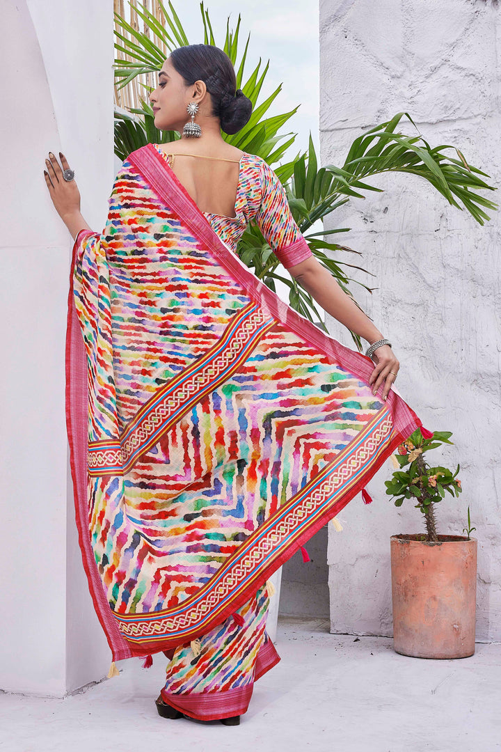 Linen-Blend Digital Printed Saree | Silk Top & Bottom | Perfect for Weddings