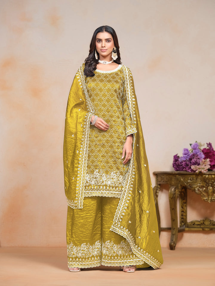 Stunning Gold Crush Salwar Kameez with Intricate Embroidery | Festive Ethnic Wear