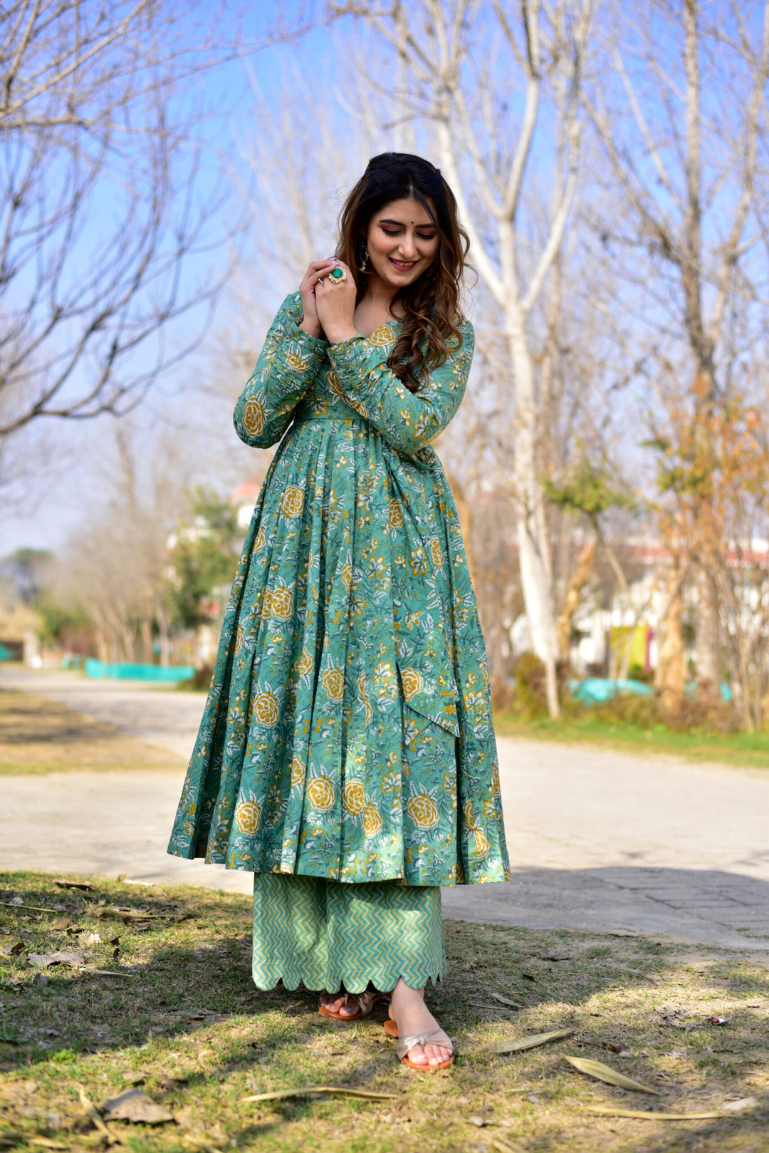 Sea Green Cotton Silk Kurti with Plazo Set | Designer Digital Printed