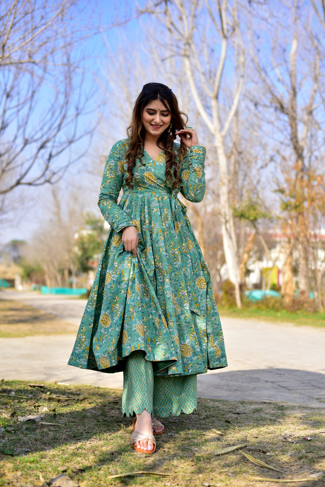 Sea Green Cotton Silk Kurti with Plazo Set | Designer Digital Printed