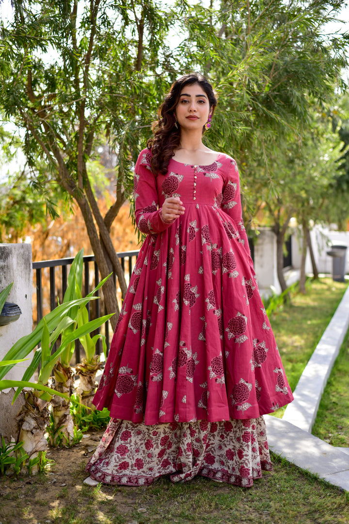 Stylish Pink Kurti & Palazzo Set | Boat Neck Handwork & Crepe Inner Fabric