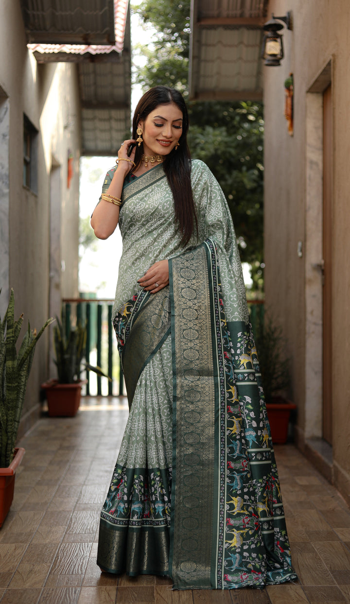 Designer Dola-Silk Saree | Kalamkari & Bandhani Print for Weddings & Events