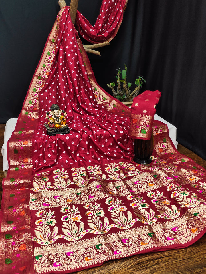 Elegant Paithani Silk Saree | Bandhani Printed & Woven Pallu Border