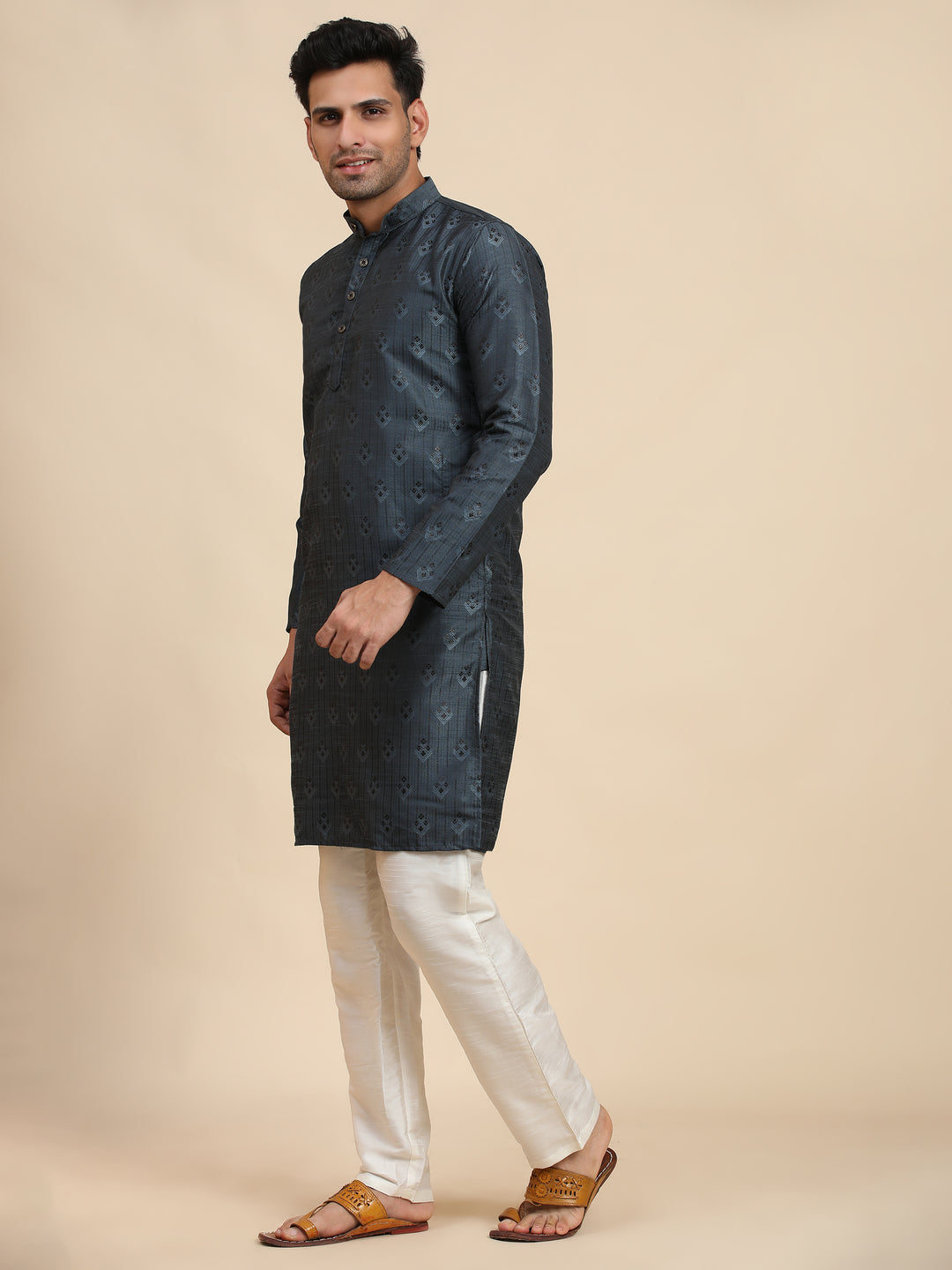 Elegant Kurta Pajama for Men | Navy Blue Viscose Jacquard & Art Silk with Wevon Jacquard