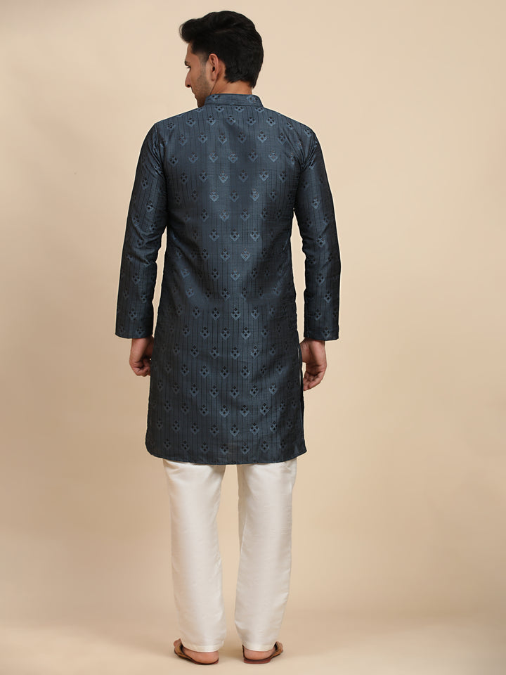 Elegant Kurta Pajama for Men | Navy Blue Viscose Jacquard & Art Silk with Wevon Jacquard