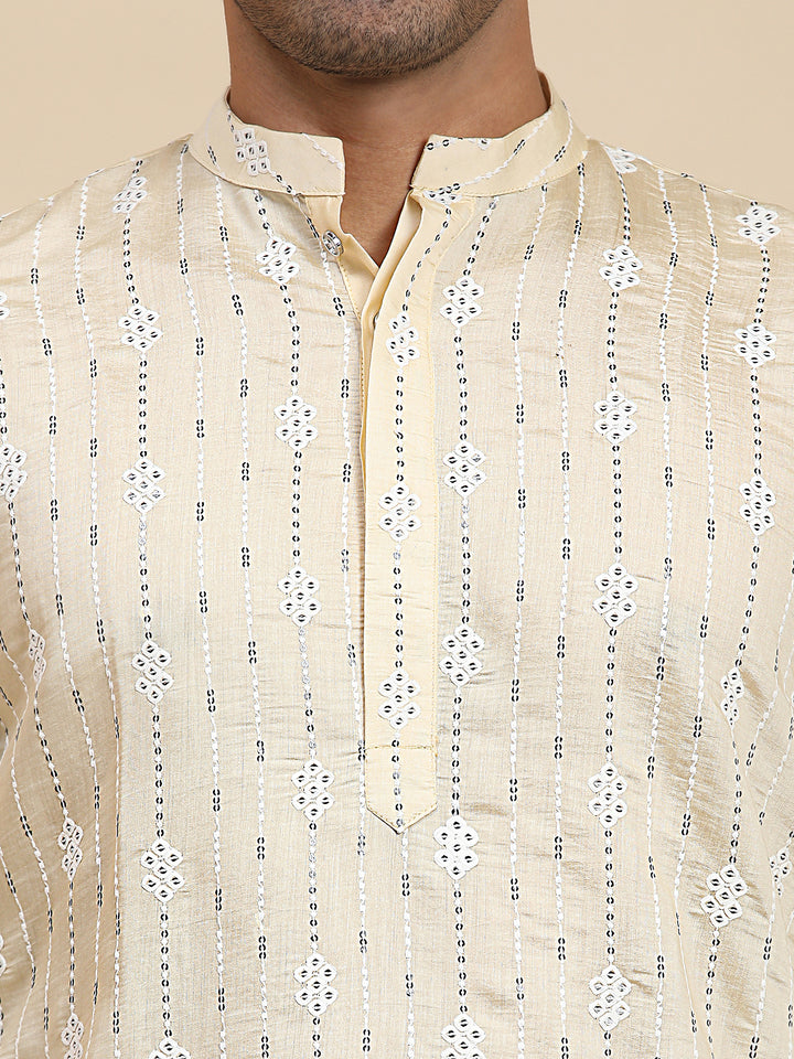 Luxury Men's Kurta Pajama | Cream Viscose Rayon & Art Silk with Designer Embroidery