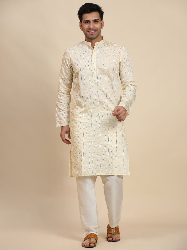 Luxury Men's Kurta Pajama | Cream Viscose Rayon & Art Silk with Designer Embroidery