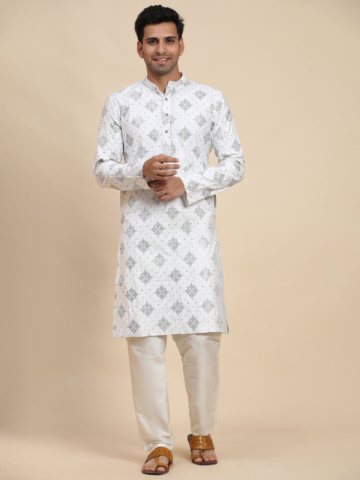 Elegant Men's Kurta Pajama Set | Cotton Kurta & Art Silk Pajama with Embroidery