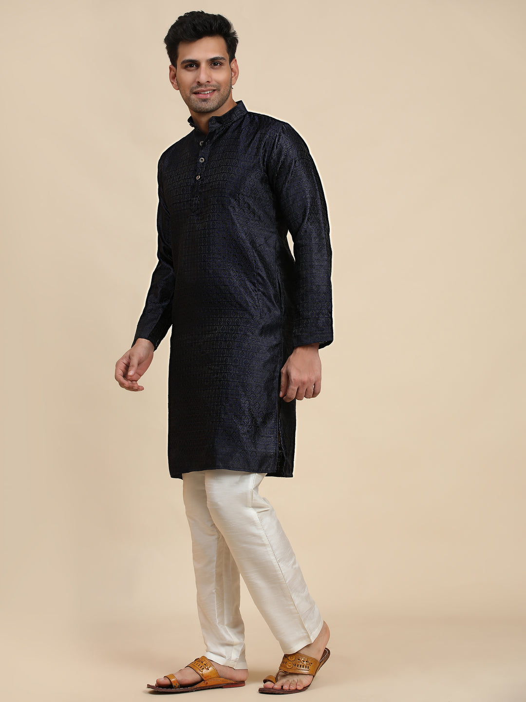 Navy Blue Men's Ethnic Kurta Pajama | Viscose Jacquard & Art Silk Set