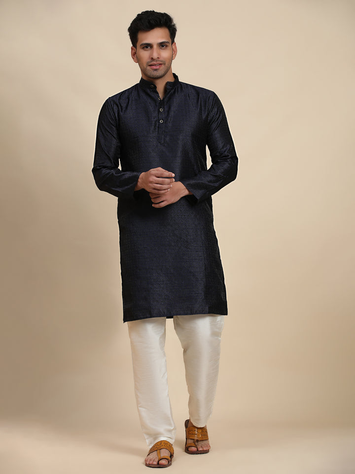 Navy Blue Men's Ethnic Kurta Pajama | Viscose Jacquard & Art Silk Set