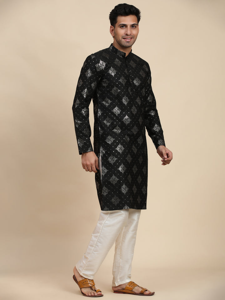 Elegant Men's Kurta Pajama Set | Cotton Kurta & Art Silk Pajama with Embroidery