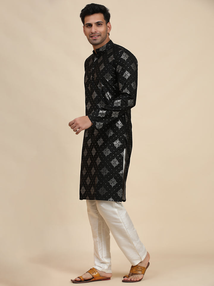 Elegant Men's Kurta Pajama Set | Cotton Kurta & Art Silk Pajama with Embroidery