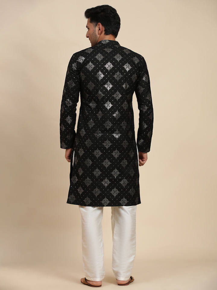 Elegant Men's Kurta Pajama Set | Cotton Kurta & Art Silk Pajama with Embroidery