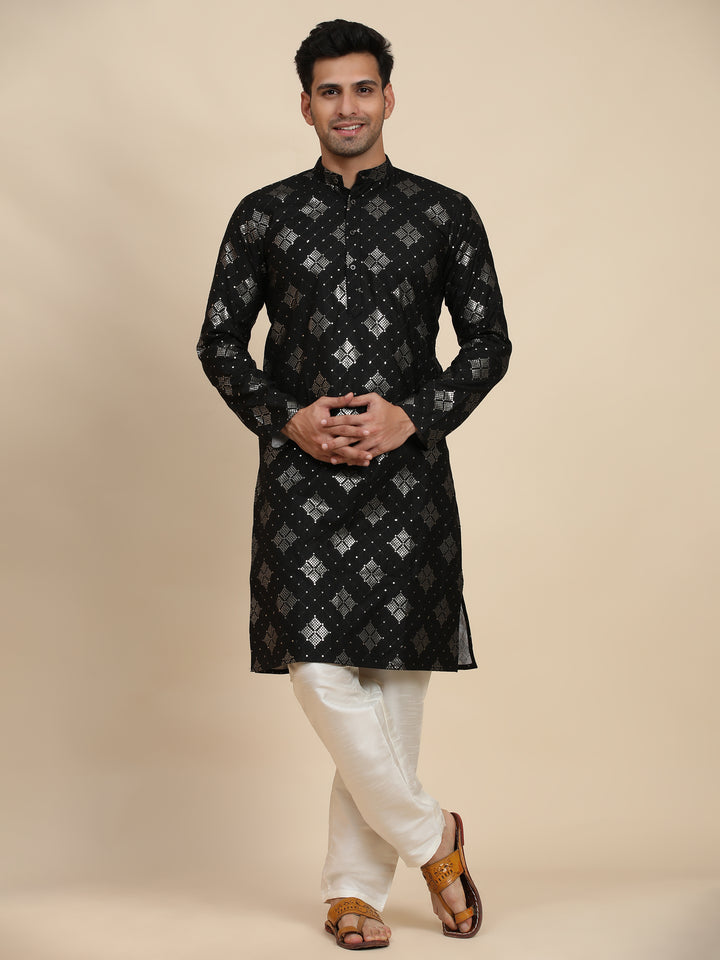 Elegant Men's Kurta Pajama Set | Cotton Kurta & Art Silk Pajama with Embroidery