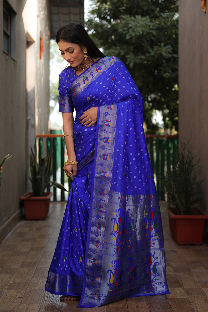 Designer Dola Silk Saree | Beautified with Wevon Paithani Designer, Bandhej Printed Work