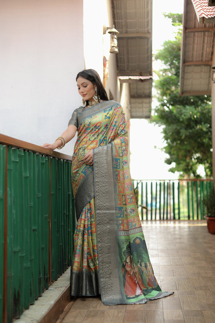 Designer Dola Silk Saree | Beautified with Wevon Kanchi Border Designer,Digital Kalamkari Printed Work